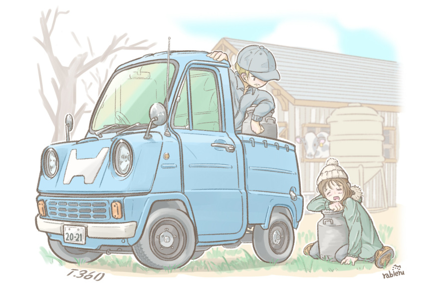 1boy 1girl baseball_cap beanie blue_headwear blue_jacket car chibi chinese_zodiac closed_eyes cow fur_trim green_jacket ground_vehicle hat highres honda jacket jug looking_down motor_vehicle open_mouth original rabienu shoes sneakers tired truck vehicle_focus white_headwear year_of_the_ox