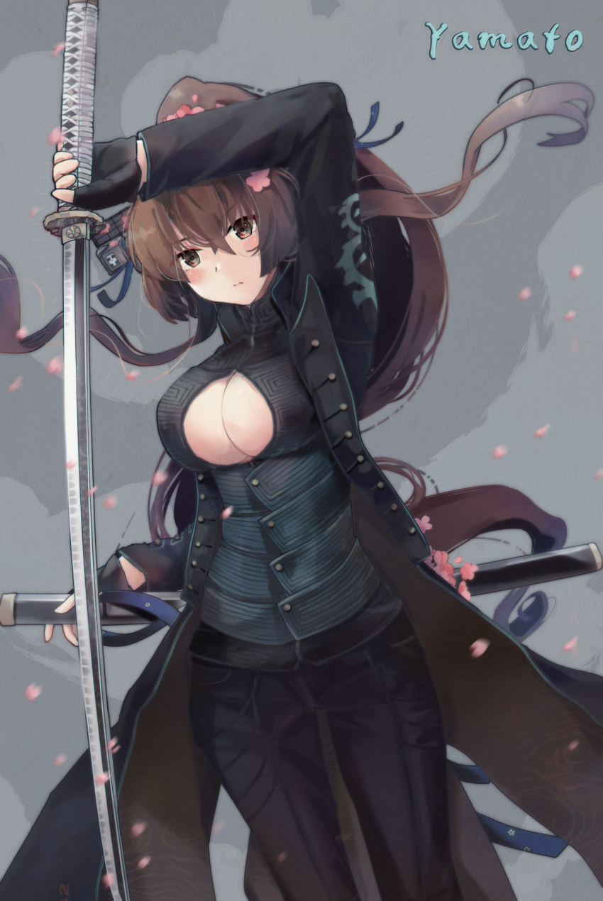 1girl alternate_costume black_coat black_gloves black_pants breasts brown_eyes brown_hair cherry_blossoms cleavage cleavage_cutout clothing_cutout coat finger_to_mouth flower gloves hair_flower hair_ornament highres himeyamato kantai_collection large_breasts long_hair looking_at_viewer pants ponytail sheath solo standing sword weapon yamato_(kantai_collection)