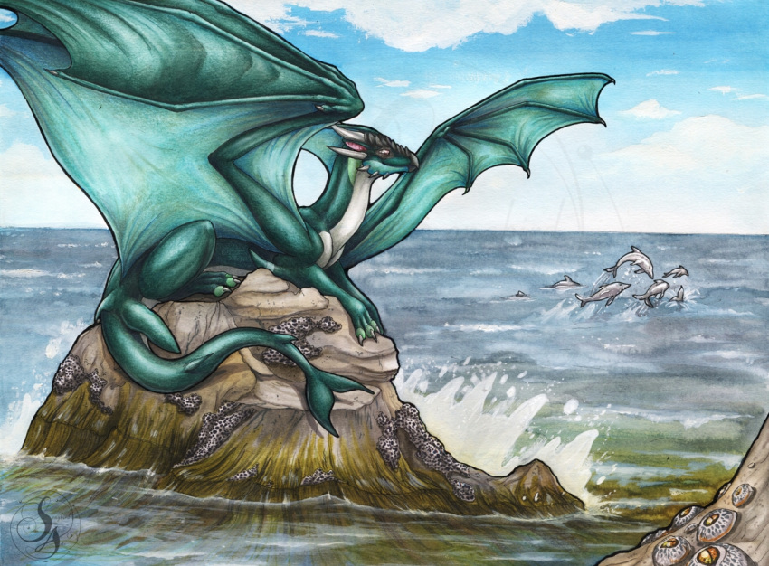 2021 cetacean claws day delphinoid detailed_background dragon feral green_body green_scales group horn mammal marine membrane_(anatomy) membranous_wings natoli outside scales scalie sky toothed_whale traditional_media_(artwork) western_dragon wings