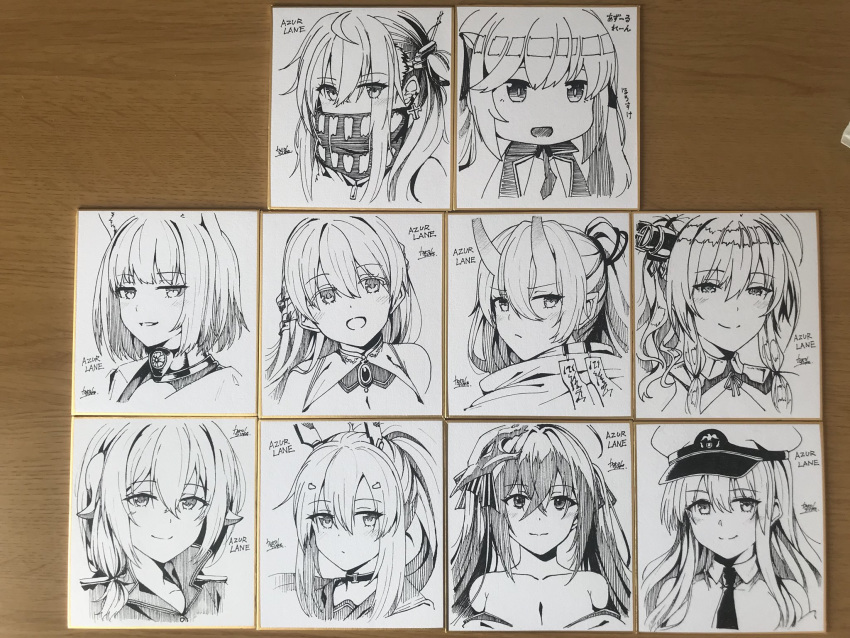 6+girls ahoge ayanami_(azur_lane) azur_lane bandana bandana_over_mouth bangs bare_shoulders blush breasts chibi choker cleavage closed_mouth collar collarbone collared_shirt commentary copyright_name covered_mouth cross cross_earrings disconnected_mouth earrings enterprise_(azur_lane) essex_(azur_lane) eyebrows_visible_through_hair frown hair_between_eyes hair_ornament hair_tie half-closed_eyes hat hatching_(texture) headgear highres horns horosuke_(toot08) izumo_(azur_lane) jewelry jitome kaga_(azur_lane) linear_hatching long_hair looking_at_viewer medium_hair mikasa_(azur_lane) monochrome multiple_girls necktie off_shoulder oni_horns open_mouth peaked_cap photo_(medium) ponytail portrait rodney_(azur_lane) sailor_collar sailor_shirt shikishi shirt short_hair side_ponytail sidelocks signature sleeveless smile st._louis_(azur_lane) taihou_(azur_lane) traditional_media translation_request twintails u-47_(azur_lane) v-shaped_eyebrows wing_collar