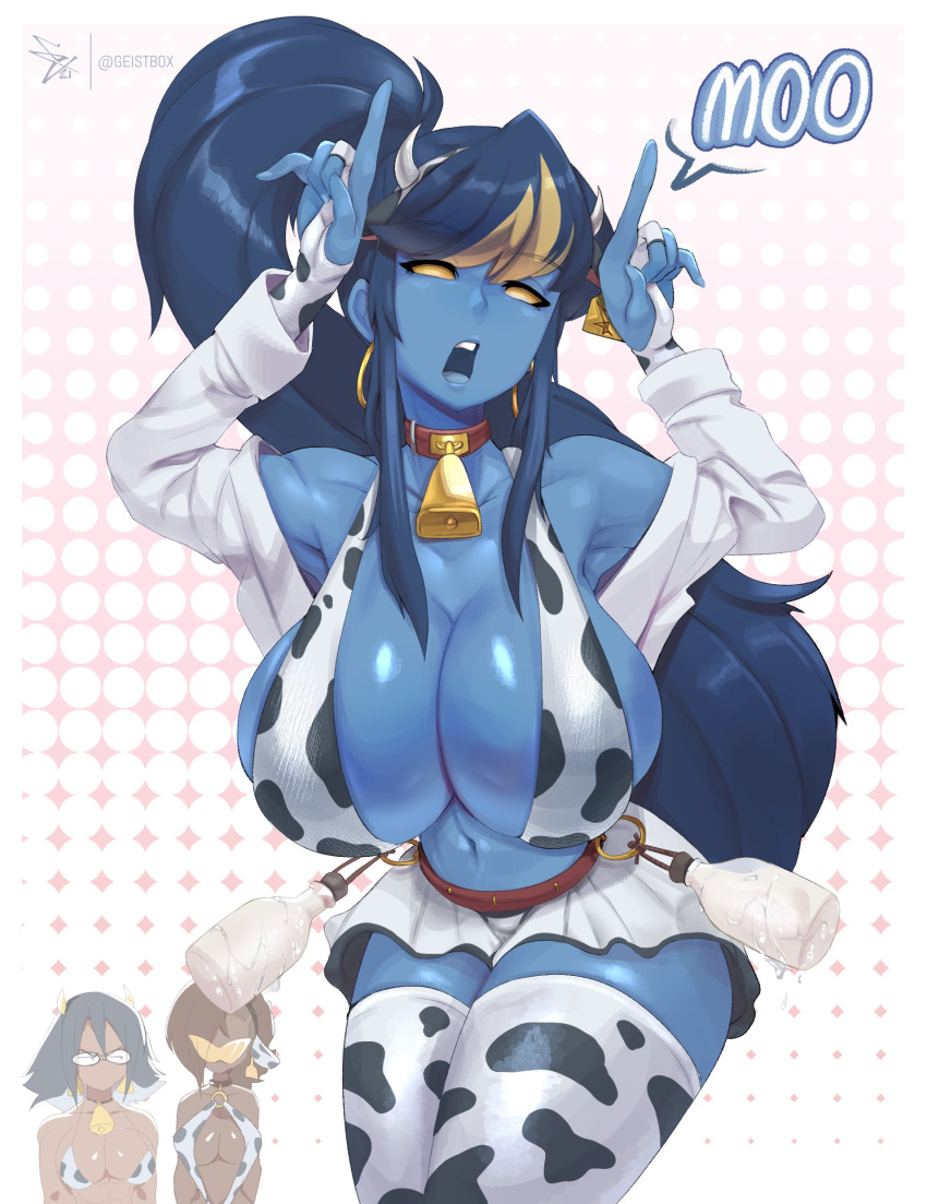3girls absurdres animal_print arms_up artist_name bell bell_collar black_legwear blue_hair blue_skin bottle breasts character_request collar collarbone colored_skin cow_print cowbell cowboy_shot geistbox highres huge_breasts leaning_forward long_hair looking_at_viewer milk_bottle miniskirt multicolored multicolored_clothes multicolored_hair multicolored_legwear multiple_girls navel no_pupils open_mouth original pandy_(geistbox) ponytail shiny shiny_skin skirt solo_focus speech_bubble thighhighs thighs twitter_username two-tone_hair upper_teeth white_legwear white_skirt zettai_ryouiki