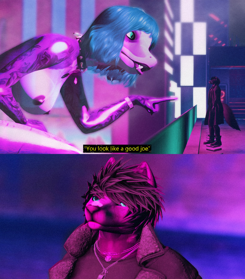 anthro blade_runner blade_runner_2049 calliesanctifier canid canine canis collar comic cyberpunk duo english_text female goth hi_res joi_(blade_runner) k_(blade_runner) kazuhira-shark macro male male/female mammal neon nipples nude punk reptile scalie snake subtitled tattoo text wolf