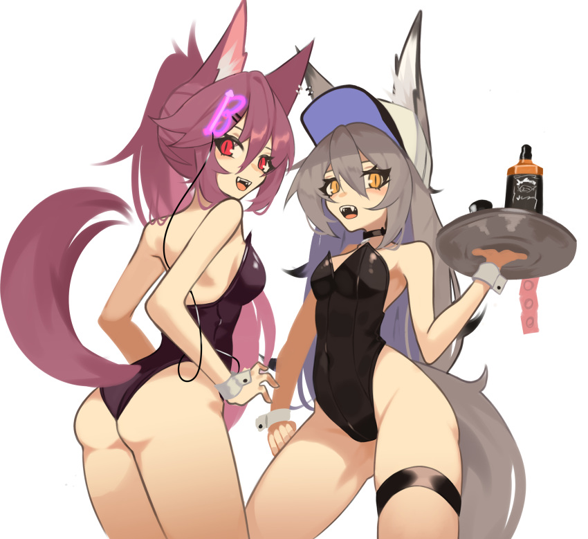 2girls absurdres alcohol animal_ear_fluff animal_ears ass baseball_cap breasts condom_wrapper cup drinking_glass ear_piercing fangs ghost_(tama) hat highres holding holding_tray jack_daniel's leotard medium_breasts multiple_girls open_mouth original piercing playboy_bunny playboy_bunny_leotard red_eyes red_hair shot_glass small_breasts tail thigh_strap tray white_headwear wolf_ears wolf_girl wolf_tail wrist_cuffs