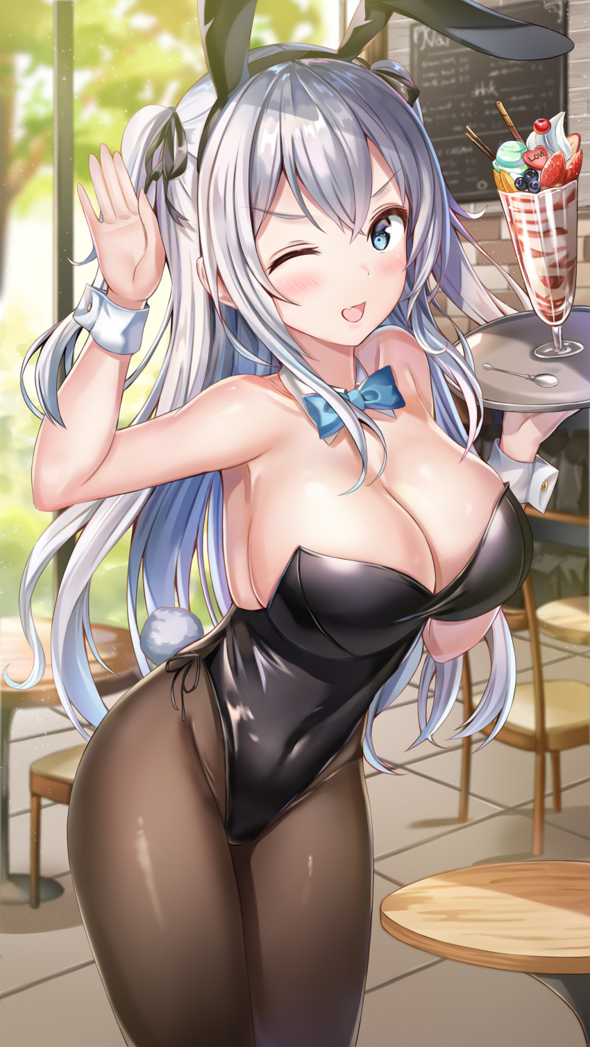 1girl ;d absurdres animal_ears arm_up armpits bare_arms bare_shoulders black_leotard blue_eyes blurry bow bowtie breasts brown_legwear bunny_ears bunny_tail cleavage collarbone covered_navel day depth_of_field detached_collar fake_animal_ears fake_tail groin hair_ribbon hairband highleg highleg_leotard highres kitin large_breasts leotard long_hair looking_at_viewer no_bra one_eye_closed open_mouth original outdoors pantyhose parfait playboy_bunny ribbon silver_hair smile solo standing strapless strapless_leotard tail two_side_up v-shaped_eyebrows wrist_cuffs