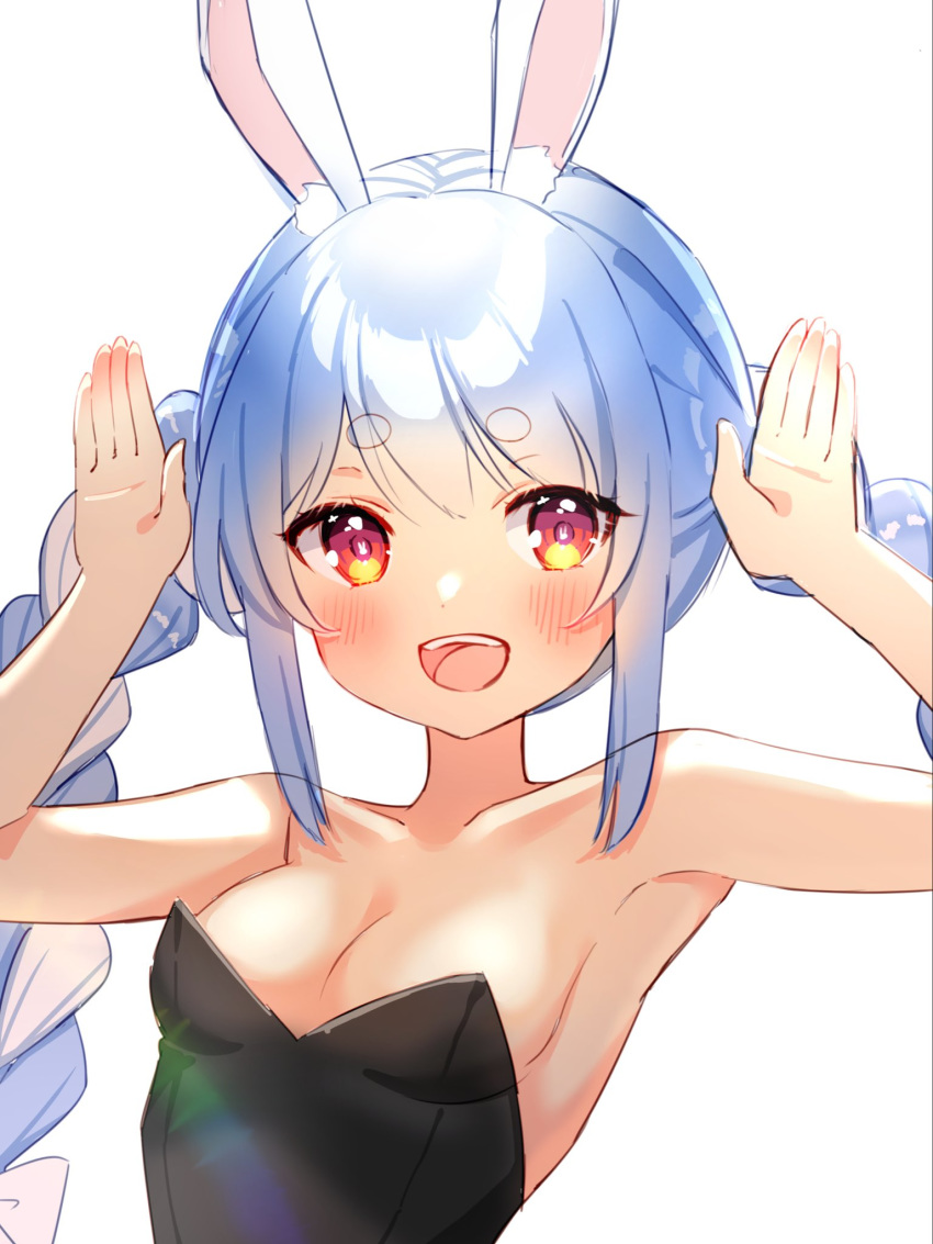 1girl :d animal_ear_fluff animal_ears armpits arms_up bare_arms bare_shoulders black_leotard blue_hair blush bow braid breasts bunny-shaped_pupils bunny_ears cleavage collarbone hair_bow highres hololive leotard long_hair luna_(mi-chanman) multicolored_hair open_mouth sidelocks simple_background small_breasts smile solo strapless strapless_leotard twin_braids twintails two-tone_hair upper_body upper_teeth usada_pekora virtual_youtuber white_background white_bow white_hair
