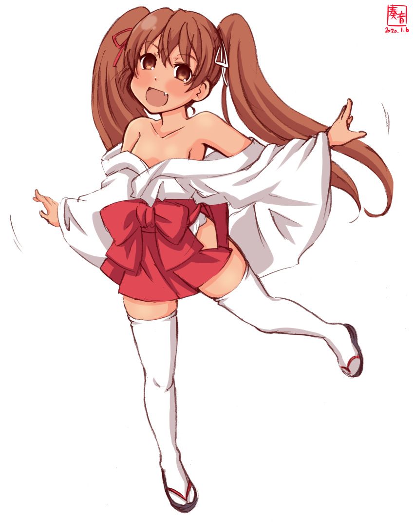 1girl absurdres alternate_costume artist_logo brown_eyes brown_hair commentary_request cosplay dated fang full_body hair_ribbon hakama hakama_skirt highres hip_vent japanese_clothes kanon_(kurogane_knights) kantai_collection libeccio_(kantai_collection) long_hair looking_at_viewer miko off-shoulder_kimono red_hakama ribbon saki sandals simple_background solo standing standing_on_one_leg tan thighhighs twintails usuzumi_hatsumi usuzumi_hatsumi_(cosplay) white_background white_legwear