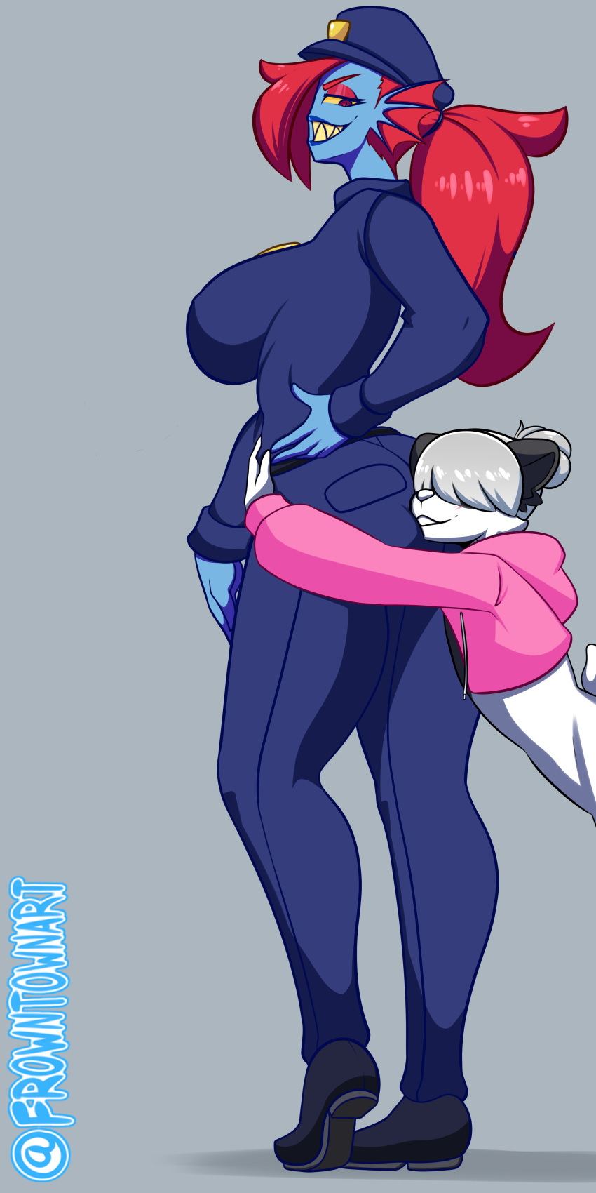 1:2 absurd_res aimi_(sleepysushiroll) big_breasts blue_body breasts butt canon_x_oc clothing deltarune duo female fin fish frowntown giant_panda hi_res hug hugging_from_behind larger_female male male/female mammal marine more_at_source police police_uniform sharp_teeth size_difference smaller_male teeth tight_clothing undertale undyne uniform ursid video_games worship