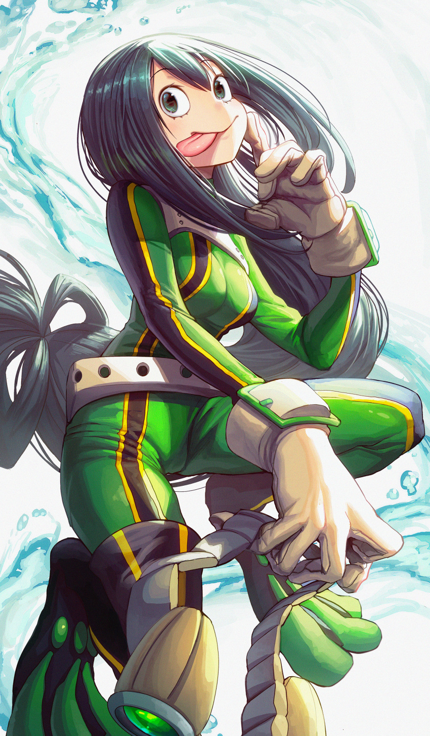 1girl :p absurdres asui_tsuyu black_hair bodysuit boku_no_hero_academia breasts brown_gloves commentary_request eyebrows_visible_through_hair gibagiba gloves green_bodysuit green_eyes helmet highres holding holding_helmet huge_filesize long_hair long_tongue looking_at_viewer medium_breasts solo tongue tongue_out very_long_hair