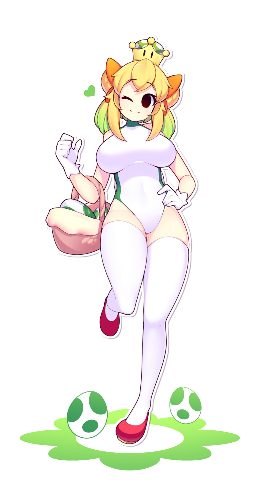 1girl absurdres basket black_eyes blonde_hair breasts closed_mouth egg eyebrows_visible_through_hair fizintine full_body gloves hand_on_hip heart highres holding holding_basket large_breasts leotard mario_(series) new_super_mario_bros._u_deluxe one_eye_closed short_hair smile solo super_crown thighhighs white_gloves white_leotard yoshi