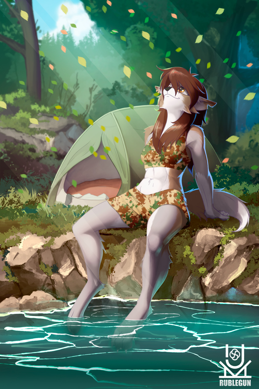 2021 2:3 absurd_res amber_eyes anthro breasts canid canine canis day detailed_background female forest grass hi_res mammal moss navel outside plant rublegun sky smile solo tree wolf