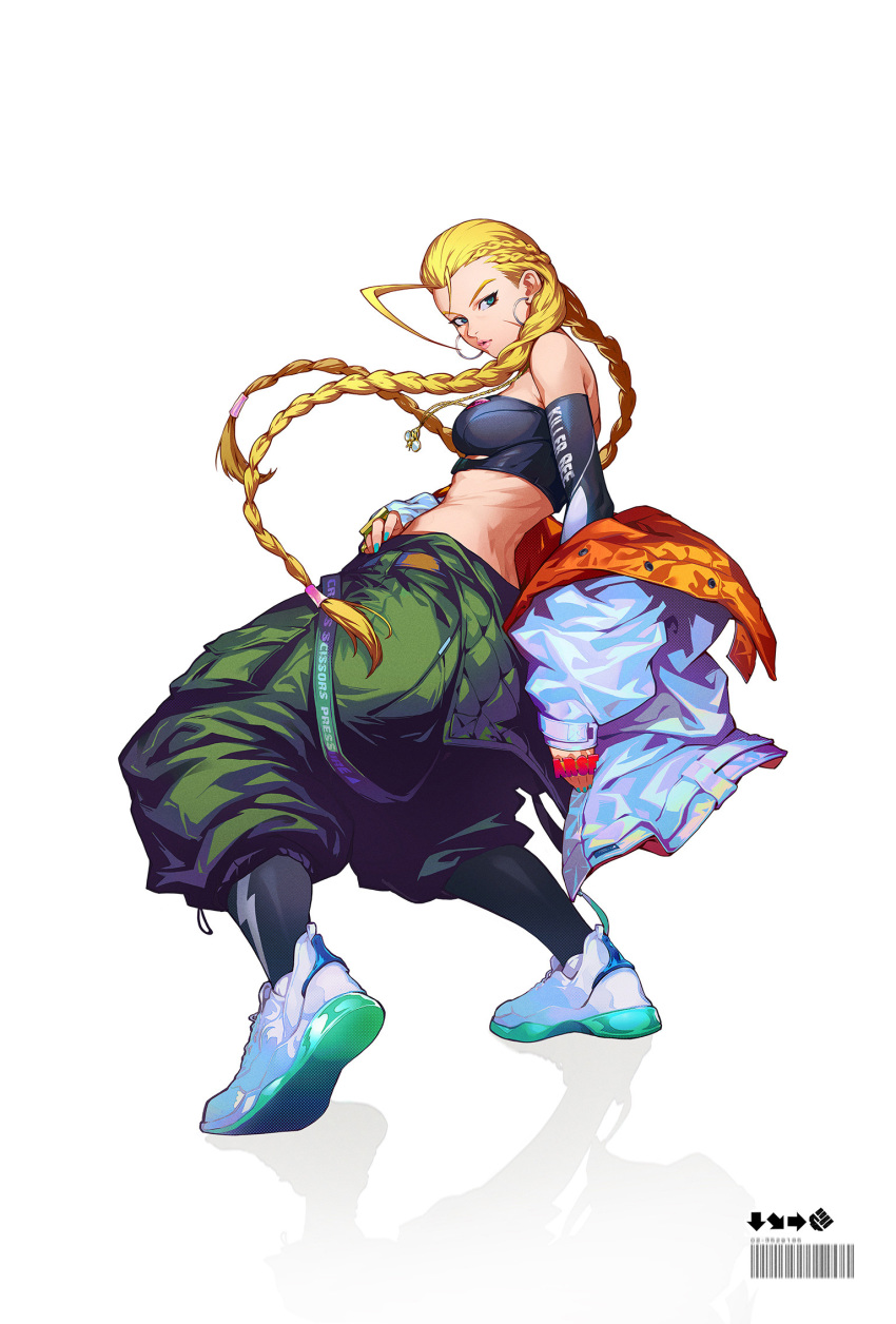 1girl antenna_hair aqua_nails back baggy_pants black_legwear black_tubetop blonde_hair braid brass_knuckles breasts cammy_white casual detached_sleeves earrings fingerless_gloves full_body gloves green_eyes green_pants highres hoop_earrings jacket jewelry leggings lips long_hair looking_back medium_breasts midriff multicolored multicolored_clothes multicolored_jacket nail_polish necklace off-shoulder_jacket pants pendant reflective_floor scar scar_on_cheek scar_on_face shoes sneakers solo street_fighter suspenders_hanging twin_braids very_long_hair weapon white_background white_footwear white_jacket xin_wang