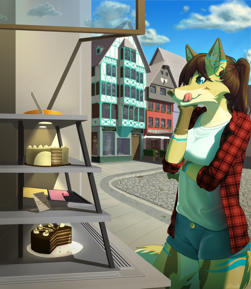 absurd_res anthro bakery blue_body blue_fur bottomwear brown_hair cafe cake canid canine canis chisa_(durlead) clothing cloud depth_of_field dessert detailed_background durlead ear_piercing ear_ring female female_focus food fur german_text hair hi_res hotpants houses hyaenid hybrid lamp mammal piercing reflection shorts solo street sundial tan_body tan_fur text tongue tongue_out wolf