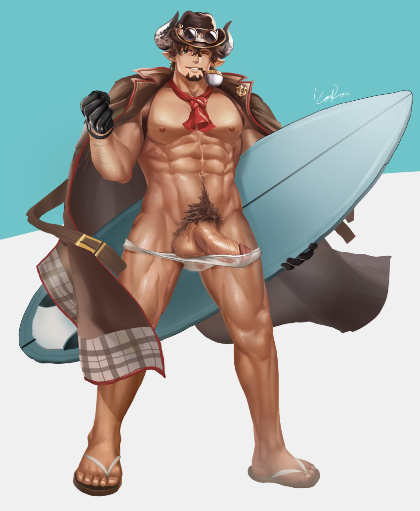 1boy abs absurdres anjingkuxiao bara barawa beard brown_eyes brown_hair cravat draph erection excessive_pubic_hair facial_hair full_body gloves goatee granblue_fantasy hat highres horns jacket jacket_on_shoulders looking_at_viewer male_focus male_pubic_hair male_underwear manly muscular nipples pectorals penis pipe pointy_ears pubic_hair sandals simple_background smile solo surfboard testicles underwear