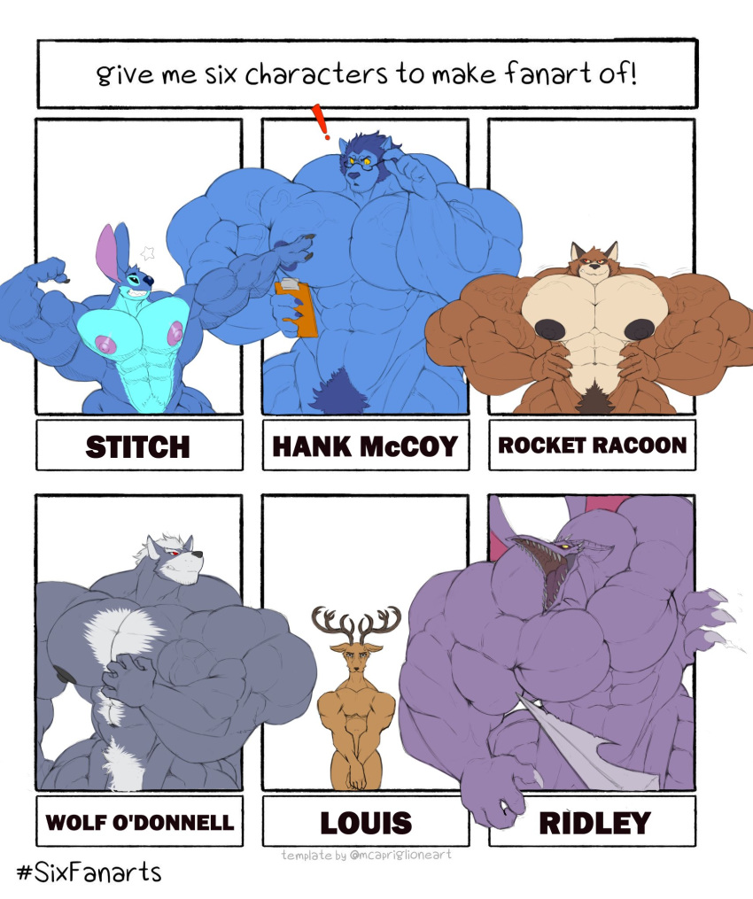 ! 2020 4_fingers 5_fingers alien anthro antlers beast_(marvel) beastars big_muscles black_eyes black_nipples black_nose blue_body blue_claws blue_fur brown_body brown_fur canid canine canis cervid claws clipboard covering covering_crotch disney embarrassed experiment_(lilo_and_stitch) felid fingers flexing fur grey_body grey_claws grey_fur grin guardians_of_the_galaxy hands_on_hips hi_res holding_object horn huge_muscles hyper hyper_muscles lilo_and_stitch louis_(beastars) mammal marvel meme metroid muscular nintendo nipples nude open_mouth pantherine pecs pink_nipples procyonid pubes purple_body purple_tongue raccoon red_eyes ridley rocket_raccoon sachiel_666 sharp_teeth six_fanarts_challenge size_difference smile space_dragon_(metroid) star_fox stitch_(lilo_and_stitch) teeth tongue veiny_muscles video_games wolf wolf_o'donnell yellow_sclera