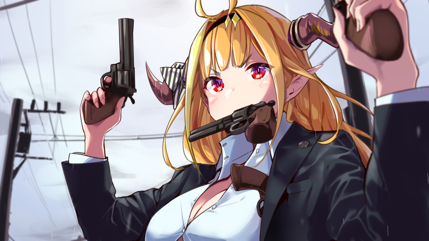 1girl ahoge alternate_costume black_hairband black_suit blonde_hair blush bow bowtie breasts buttons cleavage cloud cloudy_sky collared_shirt commentary_request cosplay dragon_girl dragon_horns dual_wielding formal gun gun_in_mouth hairband hands_up highlights highres holding hololive horn_bow horns kiryuu_coco lapel_pin large_breasts long_hair long_sleeves looking_at_viewer multicolored multicolored_eyes multicolored_hair open_clothes orange_hair outdoors partially_unbuttoned pointy_ears power_lines purple_eyes rain red_eyes revolver ryuu_ga_gotoku ryuu_ga_gotoku_4 saejima_taiga saejima_taiga_(cosplay) shirt sky solo streaked_hair striped striped_bow suit taut_clothes taut_shirt upper_body utility_pole v-shaped_eyebrows weapon white_shirt yuyaiyaui