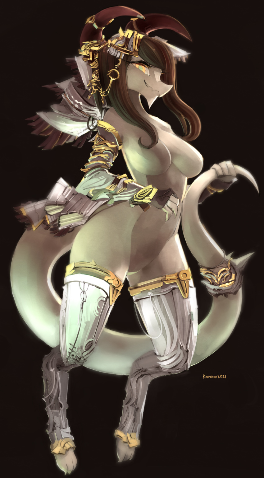 2021 anthro breasts brown_hair digital_media_(artwork) dragon eyebrows eyelashes featureless_breasts featureless_crotch female fingers hair hi_res horn kameloh smile solo toes wingless_dragon