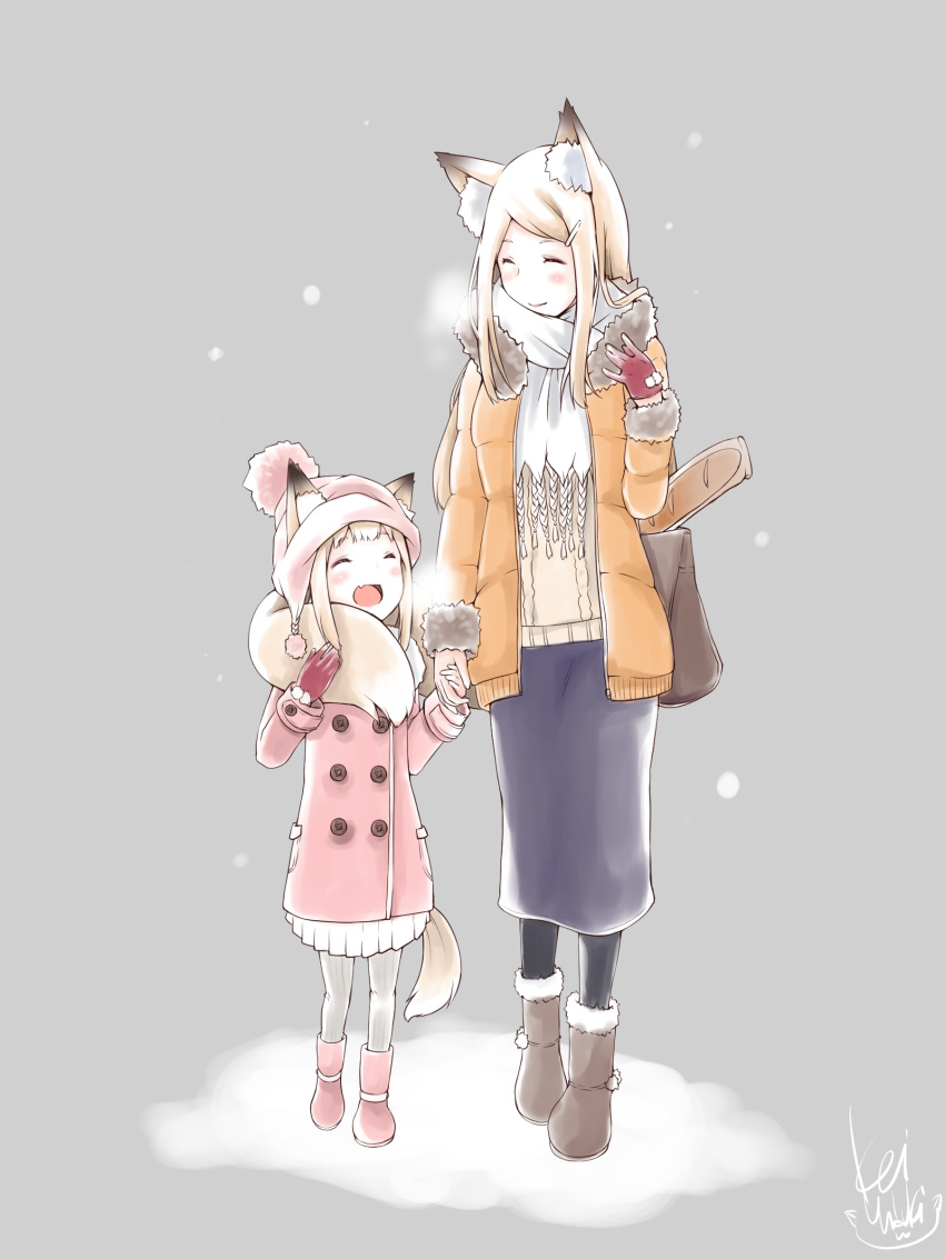 2girls absurdres animal_ears baguette bangs beanie blonde_hair blush bread closed_eyes coat ears_through_headwear fang food fox_ears fox_tail fur_collar gloves grey_background hair_ornament hairclip hat highres holding_hands long_hair mother_and_daughter multiple_girls open_clothes open_coat open_mouth original scarf short_hair single_glove skin_fang smile tail yuzuki_kei