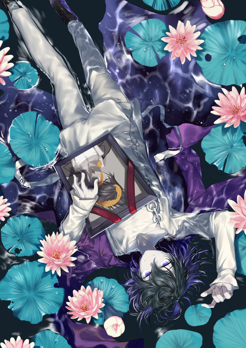 1boy ? absurdres arm_up bangs black_footwear black_hair closed_mouth commentary_request danganronpa_(series) danganronpa_v3:_killing_harmony flower from_above full_body gloves hair_between_eyes highres holding iei jacket lily_pad long_sleeves looking_at_viewer lying male_focus multicolored_hair on_back on_water ouma_kokichi pants pink_jacket purple_eyes purple_hair qianhai ripples shirt shoes solo spoilers upside-down water wet wet_clothes white_jacket white_pants