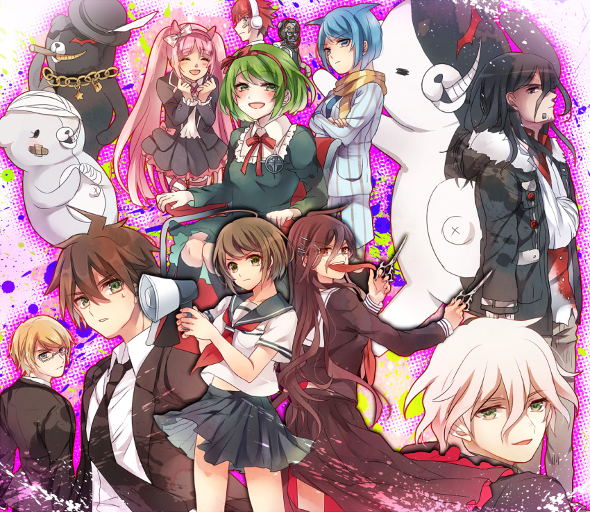 4girls 6+boys ahoge bandaged_arm bandages bangs beard black_neckwear black_skirt blue_hair blush brown_eyes brown_hair brown_jacket brown_scarf character_request collarbone commentary_request crossed_arms danganronpa_(series) danganronpa_3_(anime) danganronpa_another_episode:_ultra_despair_girls facial_hair formal genocider_shou glasses green_eyes hair_between_eyes hair_ornament hairclip highres holding holding_megaphone jacket long_hair long_skirt long_tongue looking_at_viewer megaphone miyuzu monokuma multicolored multicolored_background multiple_boys multiple_girls naegi_komaru naegi_makoto neck_ribbon neckerchief necktie open_mouth pants pink_hair pleated_skirt red_ribbon ribbon sailor_collar scarf scissors shingetsu_nagisa shirt short_hair sitting skirt striped striped_pants sweatdrop togami_byakuya tongue twintails two-sided_fabric utsugi_kotoko white_jacket white_pants white_shirt