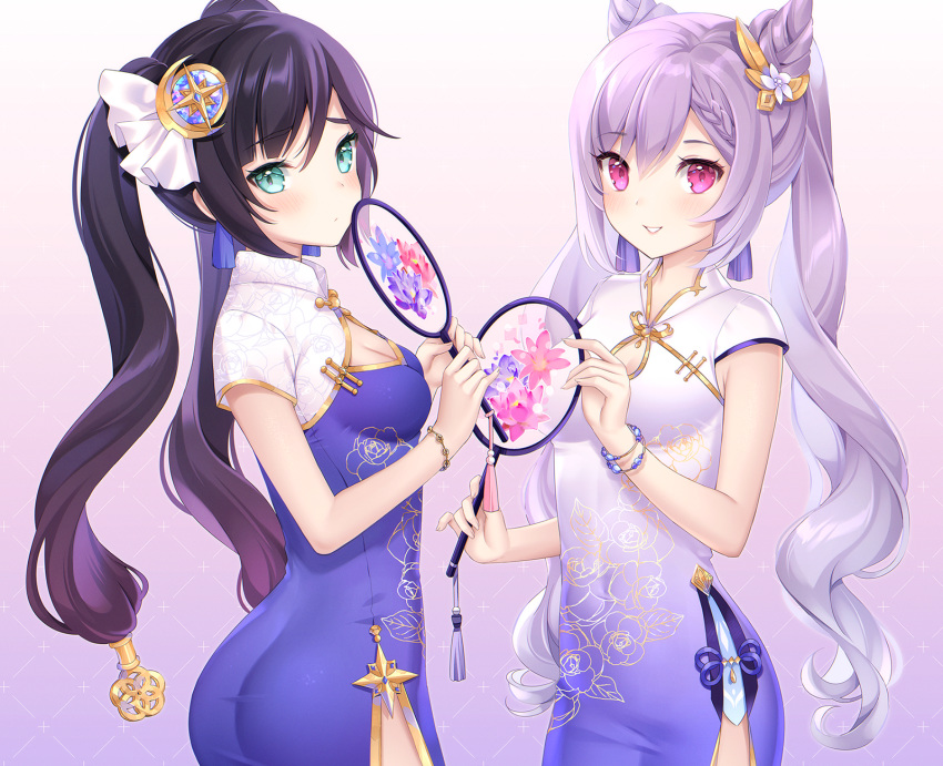 2girls ass black_hair blush breasts chinese_clothes chinese_dress cleavage cropped dress fan genshin_impact gradient green_eyes keqing_(genshin_impact) long_hair mona_(genshin_impact) nami_(nyaa) pink_eyes purple_hair skintight twintails wristwear