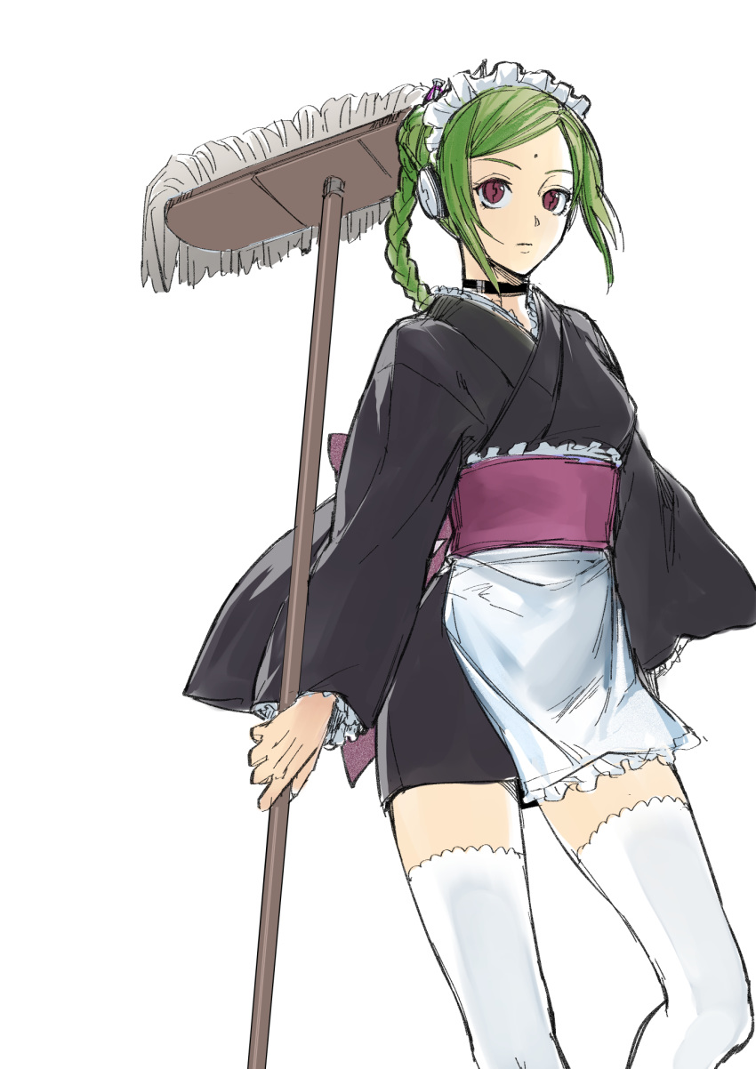 1girl android apron bangs black_choker black_kimono braid brown_eyes choker closed_mouth facial_mark forehead_mark gintama green_hair hair_bun highres holding japanese_clothes kimono long_hair long_sleeves looking_at_viewer maid_headdress obi robot_ears sash short_kimono simple_background solo swept_bangs tama_(gintama) thighhighs uraki_(tetsu420) wa_maid waist_apron white_apron white_background white_legwear wide_sleeves