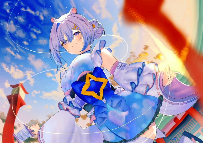 1girl amane_kanata angel animal_ears blue_hair cloud detached_sleeves eyebrows_visible_through_hair flower hair_bun hair_flower hair_ornament hairclip hamster_ears hololive japanese_clothes jinbei_(user_tpny4757) kimono multicolored_hair new_year obi purple_eyes sash silver_hair sky smile solo streaked_hair thighhighs torii two-tone_hair virtual_youtuber zettai_ryouiki