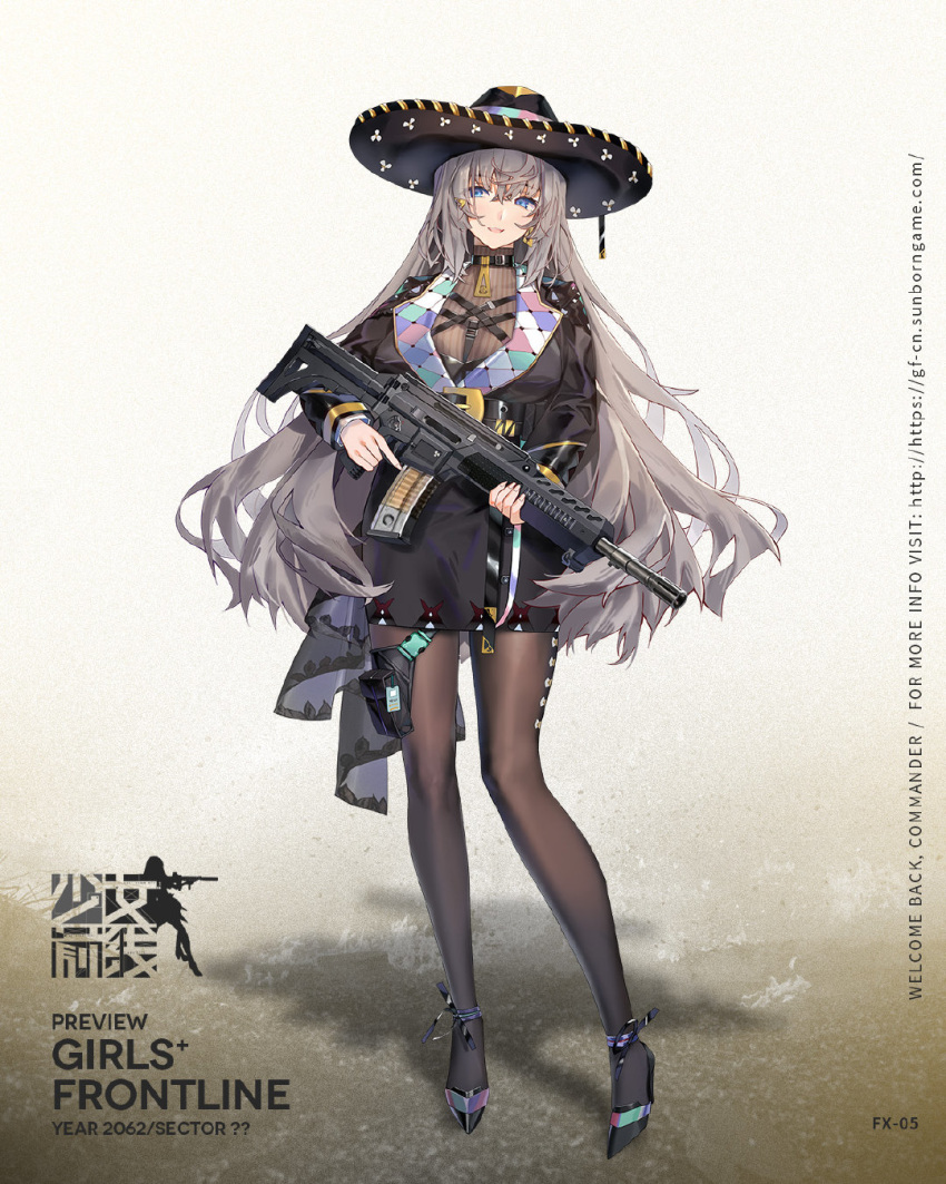 1girl assault_rifle blue_eyes breasts character_name choker commentary_request eyebrows_visible_through_hair fx-05_(girls_frontline) fx-05_xiuhcoatl girls_frontline grey_hair gun hat high_heels highres jacket large_breasts long_hair mexican mexican_dress official_art rifle solo sombrero sweater thighhighs trigger_discipline weapon