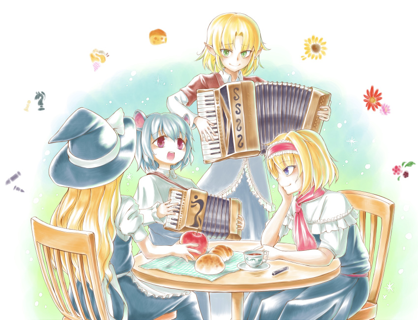 4girls absurdres accordion alice_margatroid animal_ears apple apron bangs black_dress black_skirt blonde_hair blouse blue_dress blue_eyes blush bow bread brown_jacket capelet chair cheese chess_piece closed_mouth commentary_request cookie_(touhou) cowboy_shot crepe croissant cup dress eyebrows_visible_through_hair flower food frilled_apron frilled_capelet frills from_behind fruit green_eyes grey_dress grey_hair hair_between_eyes hairband hat hat_bow head_rest highres ichigo_(cookie) instrument jacket joker_(cookie) kirisame_marisa knight_(chess) long_hair looking_at_another looking_at_viewer looking_to_the_side manatsu_no_yo_no_inmu mixed-language_commentary mizuhashi_parsee mouse_ears mouse_girl multiple_girls music nazrin nyon_(cookie) open_mouth plate playing_instrument pointy_ears puffy_short_sleeves puffy_sleeves red_apple red_eyes red_hairband red_neckwear shirt short_hair short_sleeves singing sitting skirt sleeveless sleeveless_dress smile standing sunflower suzu_(cookie) tea teacup touhou tsuno_(nicoseiga11206720) waist_apron white_apron white_blouse white_bow white_capelet white_shirt witch_hat yellow_flower