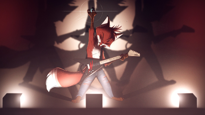 16:9 2021 4k absurd_res anthro barefoot bottomwear brown_body brown_fur canid canine clothed clothing dipstick_tail eyes_closed fox fur guitar head_tuft hi_res holding_object light lighting male mammal multicolored_tail musical_instrument pants playing_guitar playing_music plucked_string_instrument pointedfox shadow solo standing string_instrument topless tuft white_body white_fur widescreen