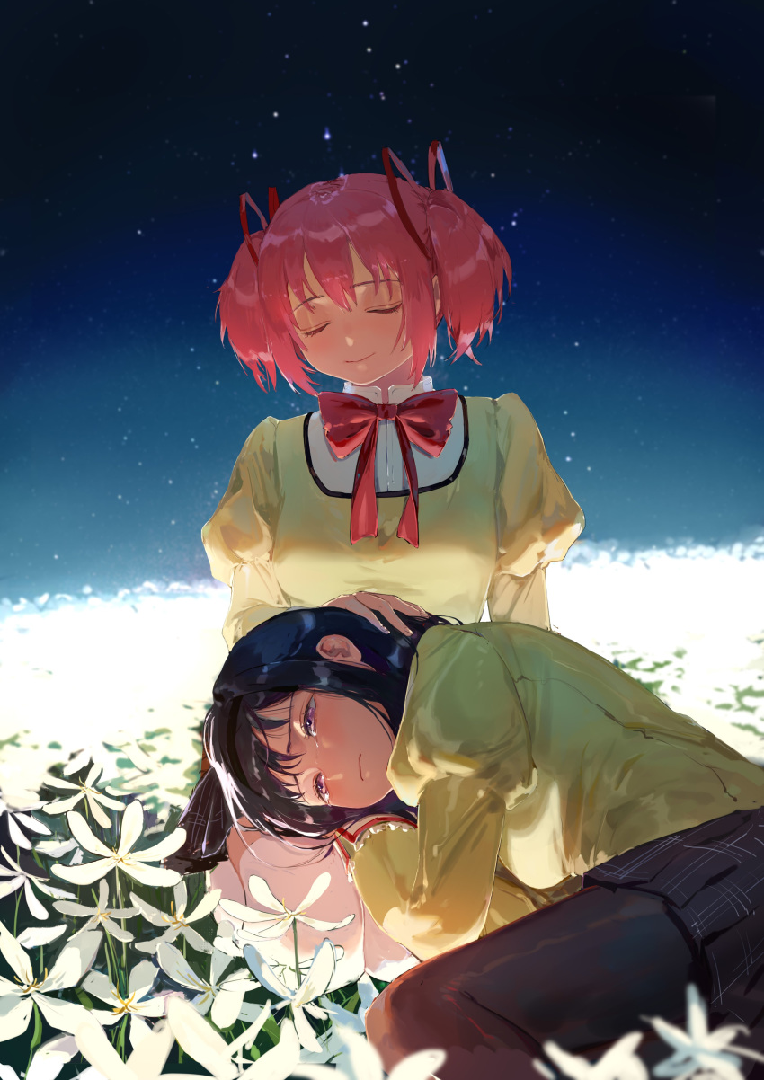2girls absurdres akemi_homura arm_at_side black_hair black_hairband black_legwear black_skirt blurry blurry_background breasts closed_mouth colored_eyelashes commentary crying crying_with_eyes_open eyelashes facing_viewer field fingernails flower flower_field full_body furrowed_eyebrows glowing glowing_flower hair_ribbon hairband half-closed_eyes hand_on_another's_head hand_on_another's_leg head_rest high_collar highres juliet_sleeves kaname_madoka lap_pillow light light_smile long_hair long_sleeves looking_afar lying mahou_shoujo_madoka_magica mahou_shoujo_madoka_magica_movie multiple_girls nature neck_ribbon night night_sky on_side outdoors pantyhose pink_hair plaid plaid_skirt puffy_sleeves purple_eyes red_neckwear red_ribbon ribbon sad scenery school_uniform seiza shiny shiny_hair short_twintails sideboob sitting skirt sky small_breasts star_(sky) starry_sky streaming_tears symbol_commentary tamomoko tareme tears thighhighs twintails uniform white_flower white_legwear zettai_ryouiki