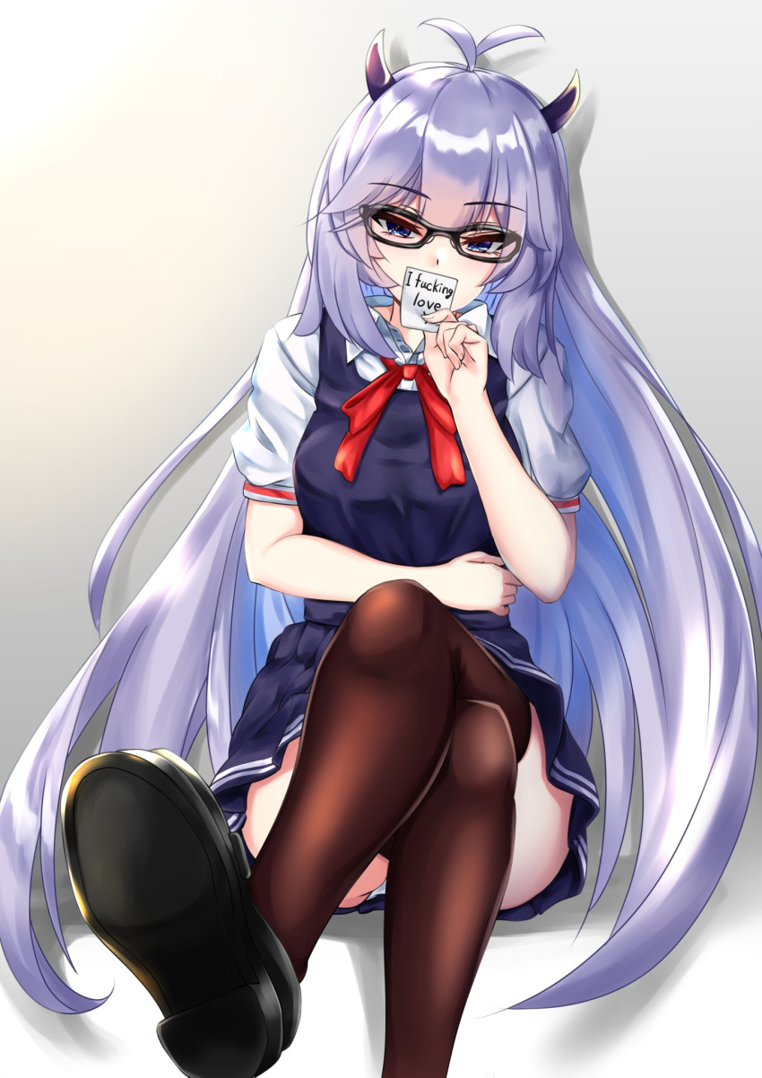 1girl bespectacled blue_eyes blue_hair blue_skirt breasts crossed_legs english_text finger_to_own_chin glasses gradient_hair hearty-cg highres horns indie_virtual_youtuber long_hair looking_at_viewer medium_breasts multicolored_hair note profanity school_uniform shoe_soles silver_hair sitting skirt smile solo thighhighs vei_(vtuber) very_long_hair virtual_youtuber