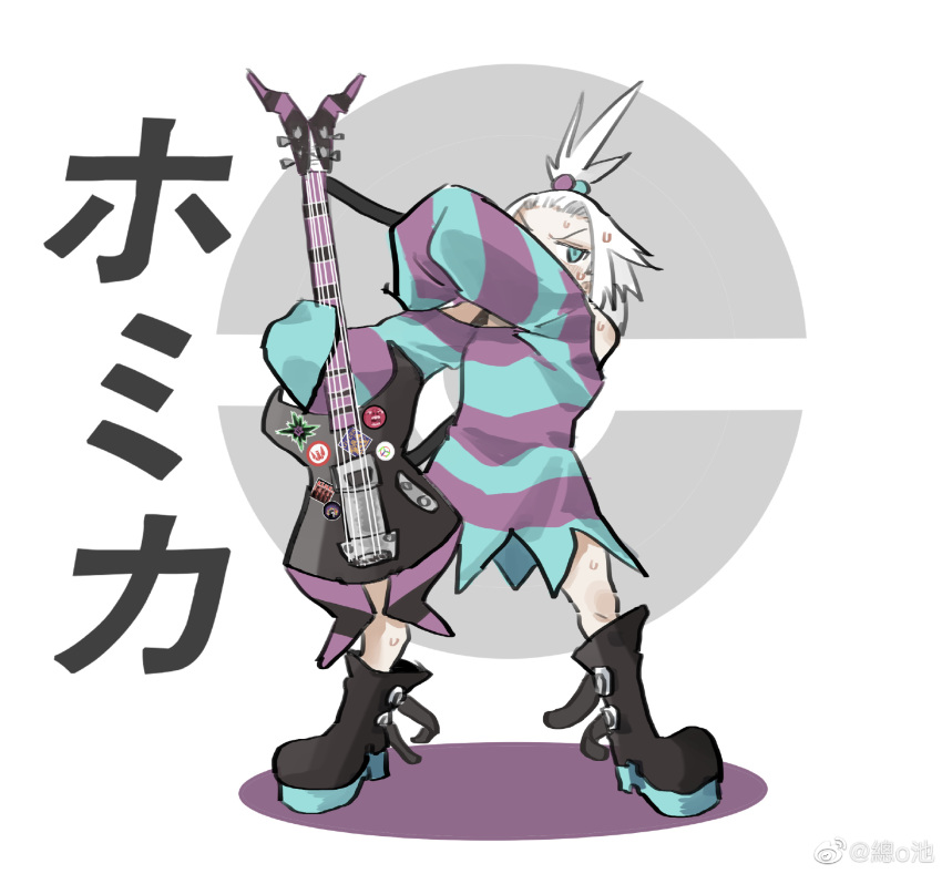 1girl bass_guitar blue_eyes boots dress forehead freckles hair_bobbles hair_ornament highres instrument pokemon pokemon_(game) pokemon_bw2 roxie_(pokemon) solo sticker strapless strapless_dress striped striped_dress sweat topknot white_hair zongchi