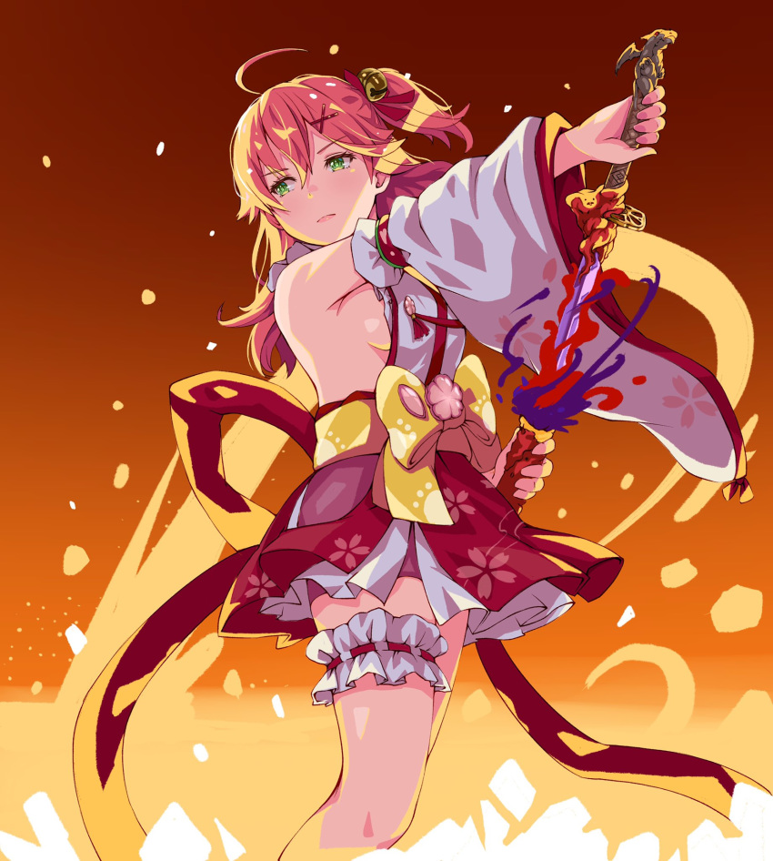 1girl ahoge bare_shoulders bell breasts cherry_blossom_print detached_sleeves floral_print green_eyes hair_bell hair_ornament hairclip highres hololive ist_lei_mikan knees leg_garter paw_print_pattern pink_hair sakura_miko sideboob solo sword virtual_youtuber weapon x_hair_ornament