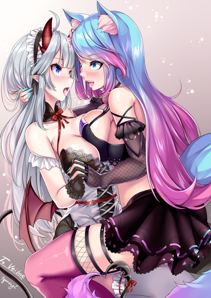 2girls absurdres after_kiss animal_ears asymmetrical_docking bangs black_gloves blue_eyes blue_hair blue_nails blunt_bangs breast_press breasts cherry_blossoms cleavage commission demon_horns demon_tail demon_wings dress english_commentary eyebrows_visible_through_hair fingerless_gloves fingernails fishnet_gloves fishnets flower flower_choker frilled_dress frilled_legwear frills gloves gradient gradient_background gradient_hair gradient_nails hair_flower hair_ornament heart_tail_duo highres holding_hands horns indie_virtual_youtuber interlocked_fingers k_liss_s large_breasts long_fingernails long_hair maid_headdress medium_breasts multicolored_hair multiple_girls nail_polish off-shoulder_dress off_shoulder open_mouth pink_hair pink_legwear pink_nails pleated_skirt pointy_ears red_ribbon ribbon saliva saliva_trail sideboob sidelocks signature silver_hair silvervale skeb_commission skindentation skirt snowing swept_bangs tail tail_ornament tail_ribbon thighhighs two-tone_hair vei_(vtuber) very_long_hair virtual_youtuber vshojo wings wolf_ears wolf_girl wolf_tail yuri
