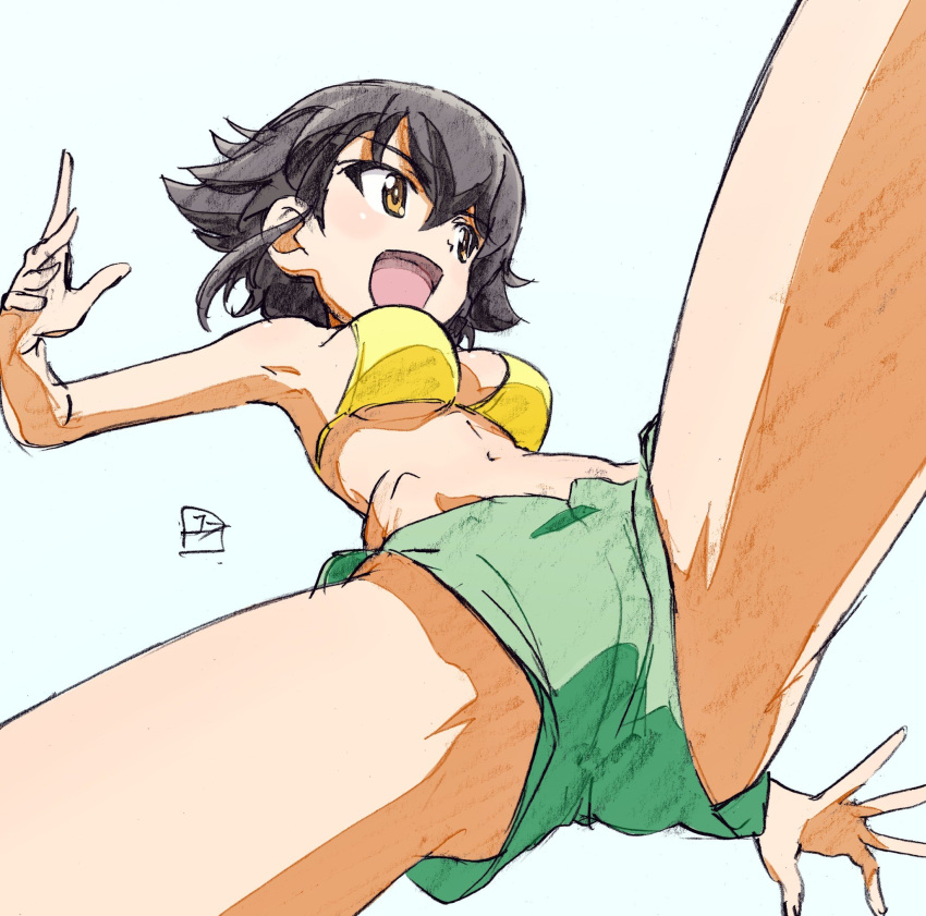 1girl :d artist_name bad_id bad_twitter_id bangs bikini bikini_shorts black_hair braid brown_eyes close-up commentary erakin girls_und_panzer green_bikini highres legs looking_to_the_side medium_hair mismatched_bikini navel open_mouth pepperoni_(girls_und_panzer) short_hair shorts side_braid signature simple_background smile solo swimsuit traditional_media white_background yellow_bikini