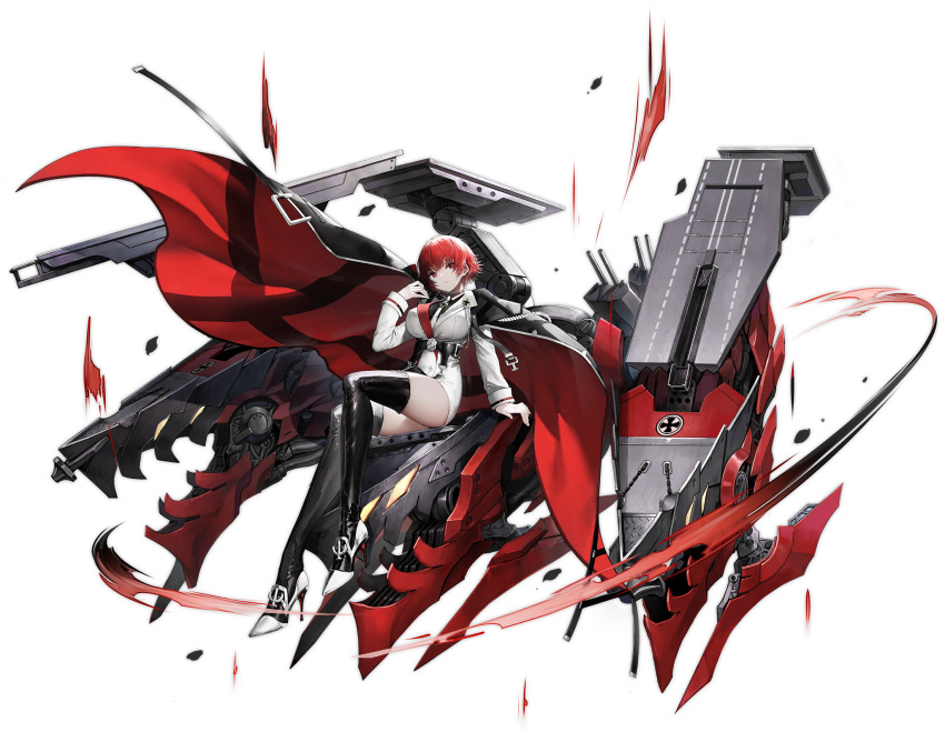 1girl arm_support azur_lane bangs black_footwear boots breasts cape full_body haori_iori highres large_breasts long_sleeves looking_at_viewer looking_away machinery necktie official_art parted_lips red_eyes red_hair shiny shiny_clothes short_hair sitting thigh_boots thighhighs thighs transparent_background weser_(azur_lane)