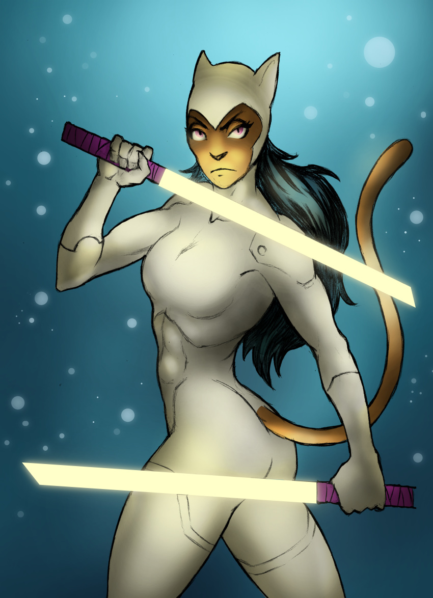 absurd_res anonymous_artist armor felid feline female galathea hair hi_res long_hair looking_at_viewer mammal melee_weapon pose purple_eyes simple_background solo sword video_games weapon