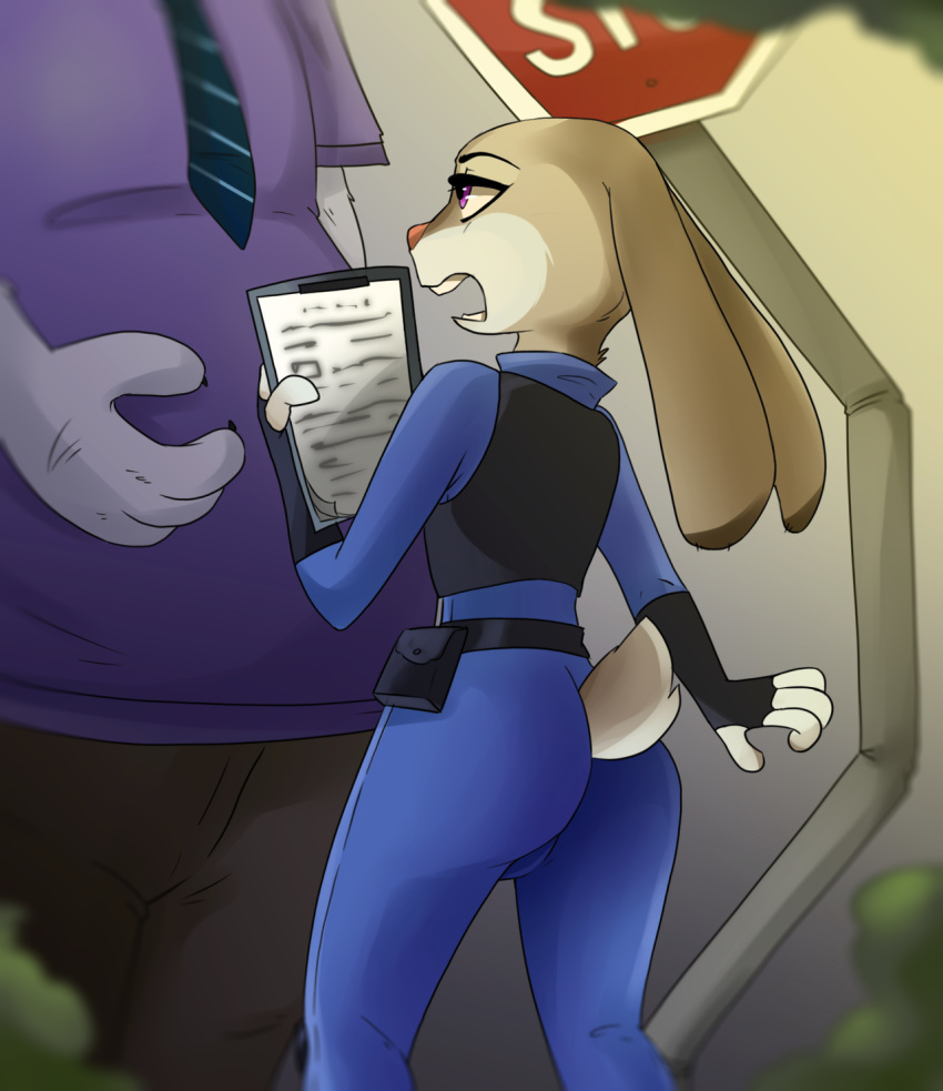anthro clothed clothing disney duo ears_down fully_clothed fur grey_body grey_fur hi_res holding_object judy_hopps lagomorph leporid light lighting looking_at_another mammal necktie open_mouth outside pink_nose pivoted_ears polar_bear police_uniform purple_eyes rabbit rin_tyan scut_tail shirt standing teeth three-quarter_view topwear uniform ursid ursine white_body white_fur zootopia