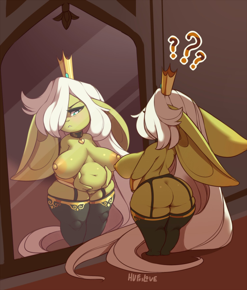 big_breasts big_butt breasts butt choker crown female garter_belt garter_straps goblin hair hi_res huffslove humanoid jewelry mirror necklace not_furry queen_regina reflection royalty short_stack solo white_hair