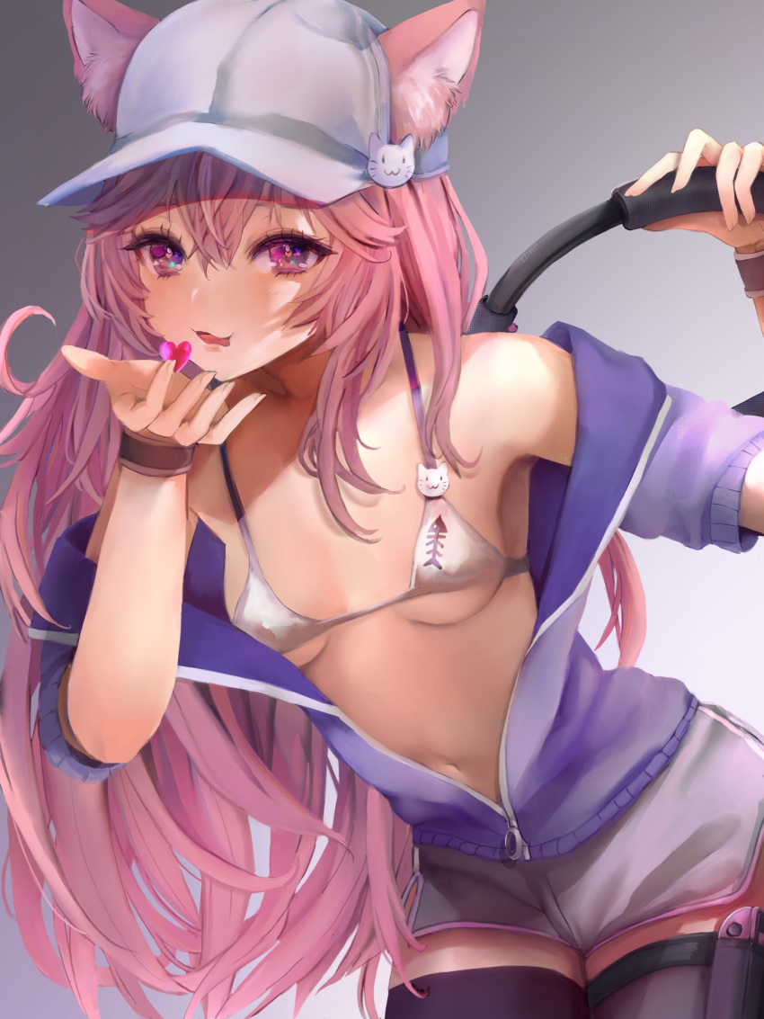 1girl animal_ears armpits bangs baseball_cap bikini black_legwear blue_jacket breasts cat_ears cat_girl cat_ornament collarbone controller cowboy_shot fish_bone gradient gradient_background grey_background grey_shorts hair_between_eyes hat heart highres holding holding_controller jacket joy-con leaning_forward licking_lips long_hair looking_at_viewer lvl1hp0 navel nyatasha_nyanners off_shoulder open_clothes partially_unzipped pink_hair purple_eyes ribbed_shirt ring-con shirt shorts sidelocks signature simple_background small_breasts solo standing swimsuit thigh_strap thighhighs tongue tongue_out track_jacket very_long_hair virtual_youtuber vshojo white_background white_bikini white_headwear wristband zipper_pull_tab