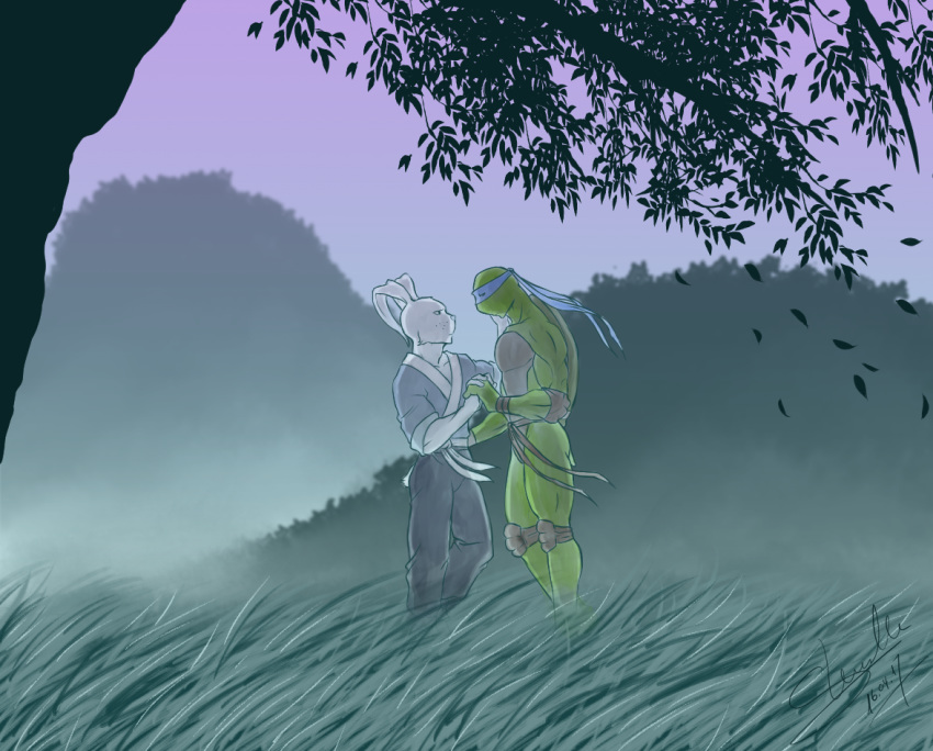 background_sky clothing duo lagomorph leonardo_(tmnt) leporid male male/male mammal miyamoto_usagi rabbit reptile romantic_ambiance romantic_couple samurai scalie sherenelle teenage_mutant_ninja_turtles tender turtle usagi_yojimbo warrior