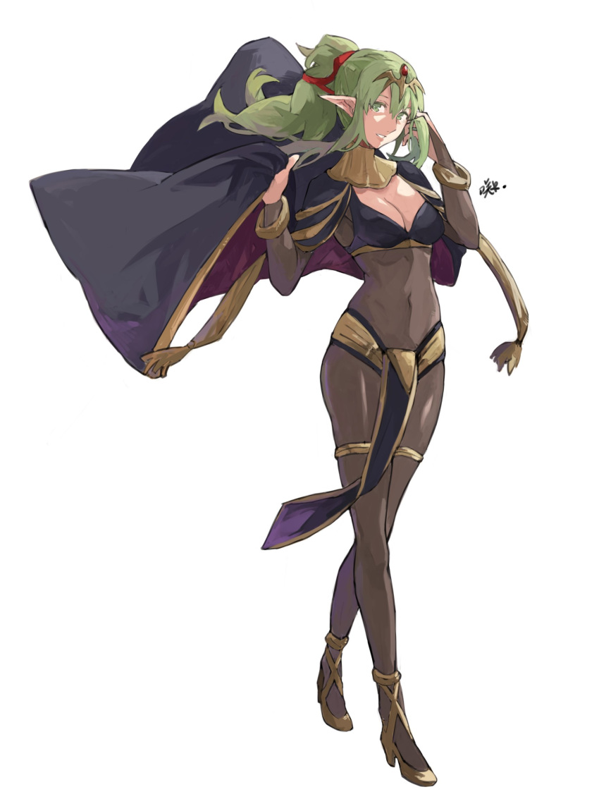 1girl absurdres alternate_costume black_cape bodystocking bodysuit bracelet breasts bridal_gauntlets cape cleavage commentary cosplay costume covered_navel english_commentary fire_emblem fire_emblem_awakening gold_trim green_eyes green_hair hair_between_eyes hair_ribbon high_heels highres holding holding_cape jewelry large_breasts long_hair looking_at_viewer manakete navel parted_lips pelvic_curtain pointy_ears ponytail red_ribbon ribbon sakuremi signature simple_background skin_tight smile solo teeth tharja_(fire_emblem) tharja_(fire_emblem)_(cosplay) tiki_(fire_emblem) white_background