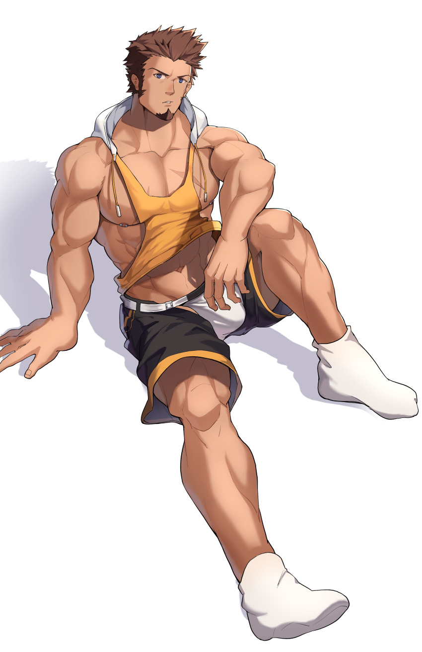 1boy abs absurdres alternate_costume bara bare_pecs bare_shoulders black_shorts blue_eyes brown_hair bulge casual collarbone cropped_hoodie crotchless_shorts facial_hair fate/grand_order fate_(series) full_body goatee head_tilt highres hood hoodie jockstrap knee_up looking_at_viewer male_focus midriff muscular muscular_male napoleon_bonaparte_(fate/grand_order) navel nipple_piercing nipples orange_hoodie orange_tank_top pectorals piercing revealing_clothes scar scar_on_chest short_hair shorts sideburns simple_background socks solo stomach tank_top tekkowang underwear white_background white_legwear white_male_underwear