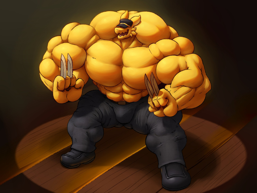 4:3 a_hat_in_time abs anthro avian biceps big_muscles bird bottomwear clothing conductor croconut footwear hat headgear headwear hi_res huge_muscles hyper hyper_muscles knife lights male muscular muscular_anthro muscular_male open_mouth pants pecs shoes solo yellow_body