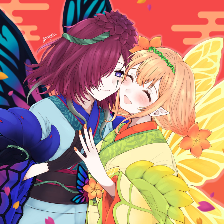 2girls :d black_gloves blush butterfly_wings cheek-to-cheek closed_eyes facial_mark fairy_wings fingernails fire_emblem fire_emblem_heroes gloves hair_over_one_eye hair_vines highres japanese_clothes kimono misato_hao multicolored_hair multiple_girls open_mouth peony_(fire_emblem) plant pointy_ears purple_eyes purple_hair sash shimekazari signature smile thorns triandra_(fire_emblem) vines wings