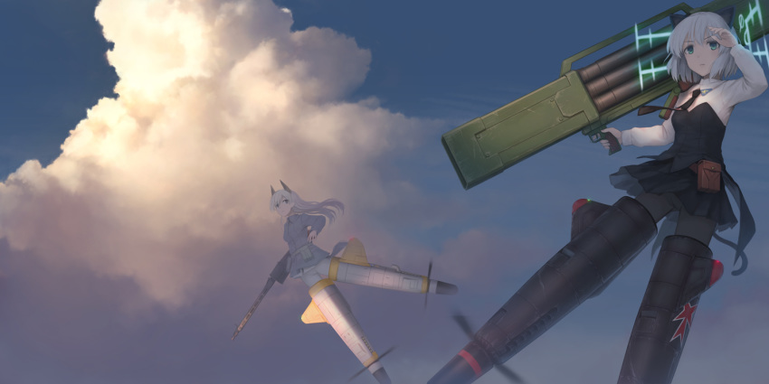 animal_ears cat_ears cloud eila_ilmatar_juutilainen flying fox_ears gun lif long_hair machine_gun mg42 military military_uniform sanya_v_litvyak strike_witches uniform weapon world_witches_series