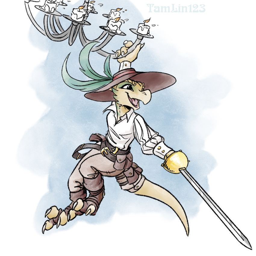 1:1 anthro belt boots candle chandelier clothing digitigrade feathers female footwear furgonomics hat headgear headwear hi_res kobold melee_weapon popped_collar puffy_sleeves rapier scalie solo swinging sword tail_clothing tail_pouch tamlin123 weapon