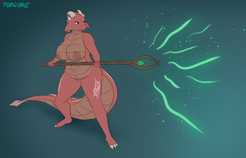 anthro big_breasts big_tail breasts crystal dragon ear_piercing female green_eyes hi_res horn magic nipples nude piercing pink_body simple_background solo staff taillis_(torgore) tattoo torgore