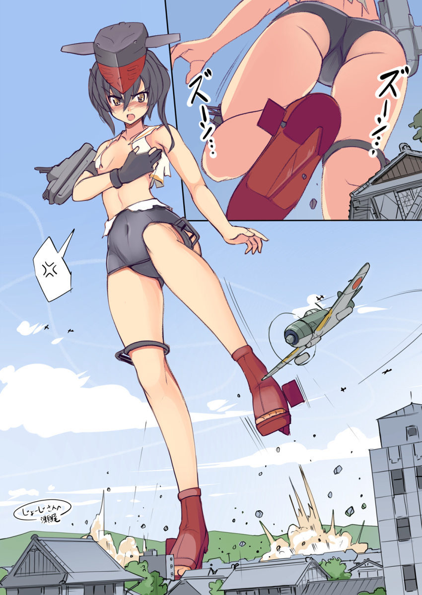 1girl aircraft airplane artist_name ass asymmetrical_hair black_gloves black_hair black_swimsuit blush brown_eyes building collarbone day eyebrows_visible_through_hair giant giantess gloves hair_between_eyes highres i-13_(kantai_collection) kantai_collection open_mouth partially_fingerless_gloves rudder_footwear sailor_collar sailor_shirt school_swimsuit seo_tatsuya shirt short_hair single_glove sleeveless sleeveless_shirt solo swimsuit torn_clothes torn_swimsuit white_sailor_collar white_shirt