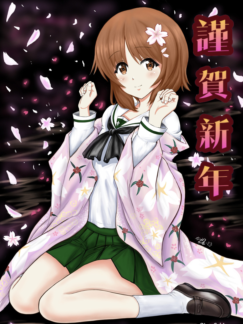 1girl absurdres alternate_legwear artist_name bangs black_neckwear blouse brown_eyes brown_footwear brown_hair cherry_blossoms closed_mouth commentary eyebrows_visible_through_hair floral_print flower full_body girls_und_panzer green_skirt hair_flower hair_ornament haori happy_new_year highres japanese_clothes loafers long_sleeves looking_at_viewer miniskirt neckerchief new_year nishizumi_miho ooarai_school_uniform pleated_skirt sailor_collar school_uniform serafuku shoes short_hair signature sitting skirt smile socks solo translated w_arms wariza white_blouse white_legwear white_sailor_collar zaofeng